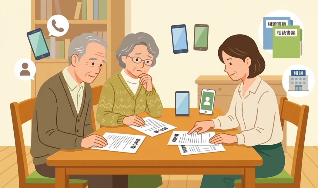 訪問販売で契約した後に親子で契約書を確認し相談する遠距離介護の対処イラスト