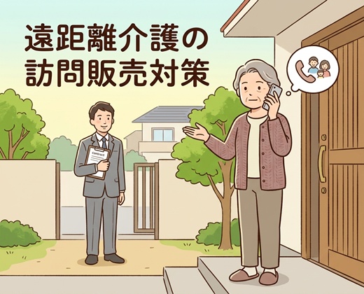 訪問販売をその場で決めず家族に電話で相談する高齢者のイラスト