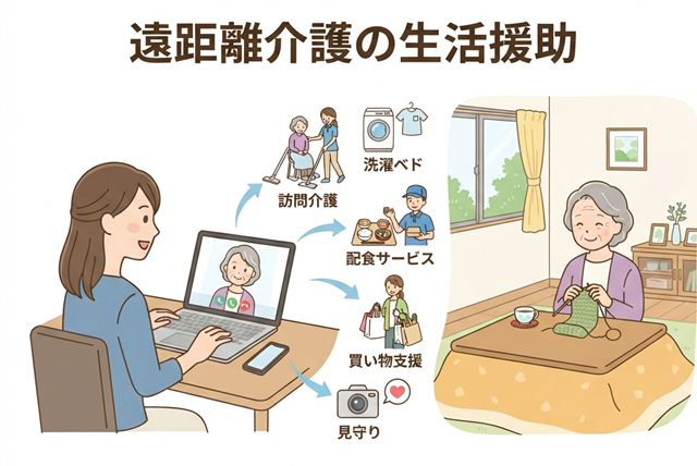 遠距離介護で親の生活援助をサービスに任せるイメージ