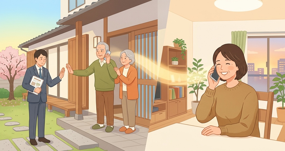 訪問販売を即決せず遠方の家族に相談する親の「即決させない」対策イラスト