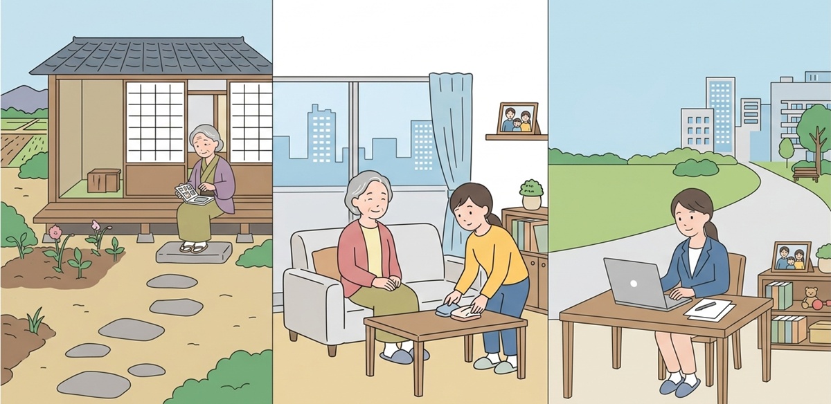 遠距離介護を選んだ理由と親子それぞれの生活を考えるイラスト
