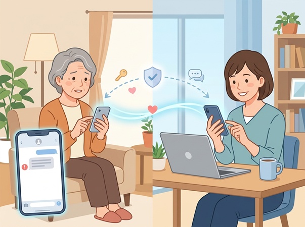 親のスマホ詐欺対策を家族で支える遠距離介護のイラスト