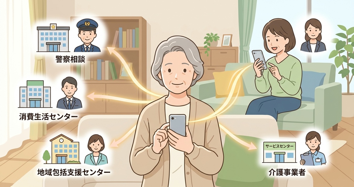 遠距離介護で怪しい電話やSMSを家族や相談機関につなぐ仕組み