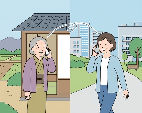 遠距離で暮らす親と子どもが介護について考えるイラスト