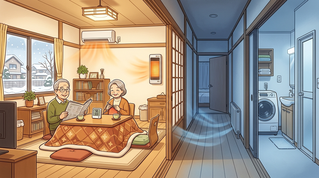 冬の実家でリビングと脱衣所などに温度差が生じているイラスト