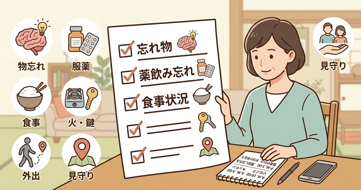 介護認定調査前に物忘れや服薬など家族の生活状況をチェックリストに整理するイラスト