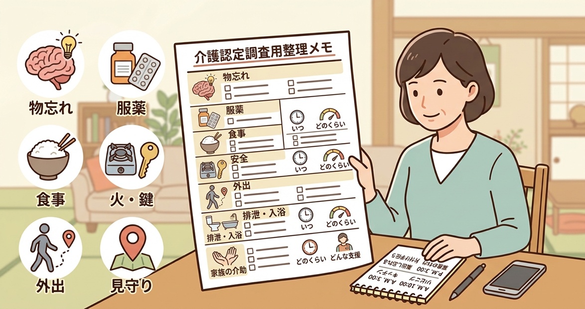 介護認定調査で家族が伝える物忘れや服薬などの生活状況を整理した伝達メモのイラスト