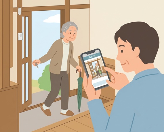 認知症のひとり歩きをする親をスマートフォンで見守る家族