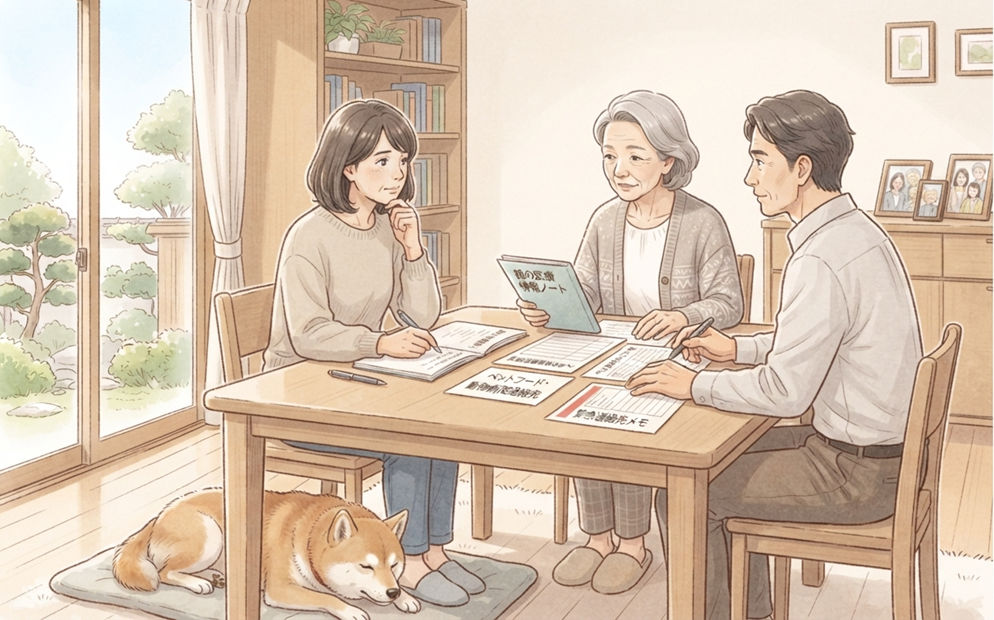 親の介護とペットの高齢化に備えて家族で準備する様子