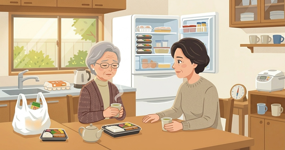 見守りを嫌がる親と食事をきっかけに会話する娘