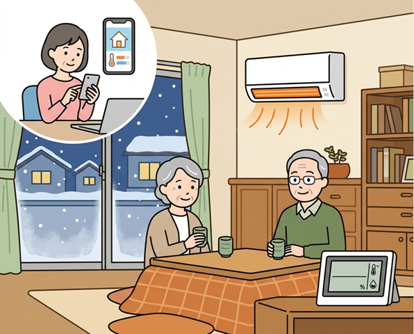離れて暮らす親の冬の室温を見守るイラスト