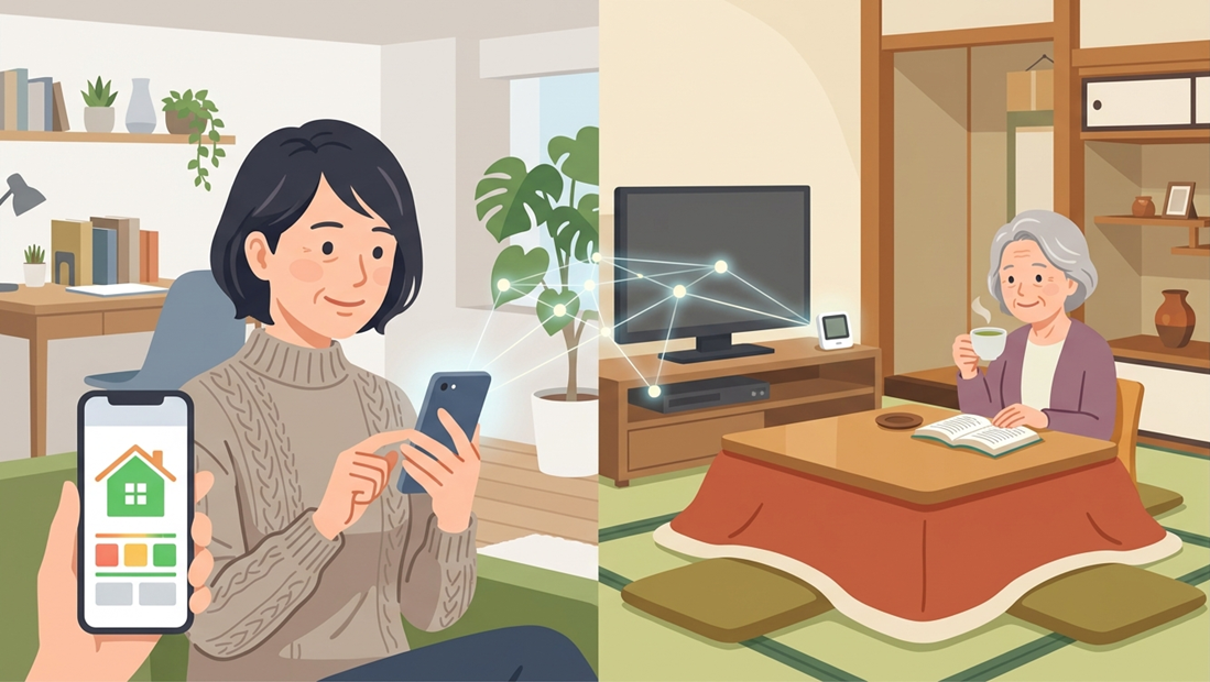 スマート温湿度計で離れて暮らす親の実家の室温を確認するイラスト