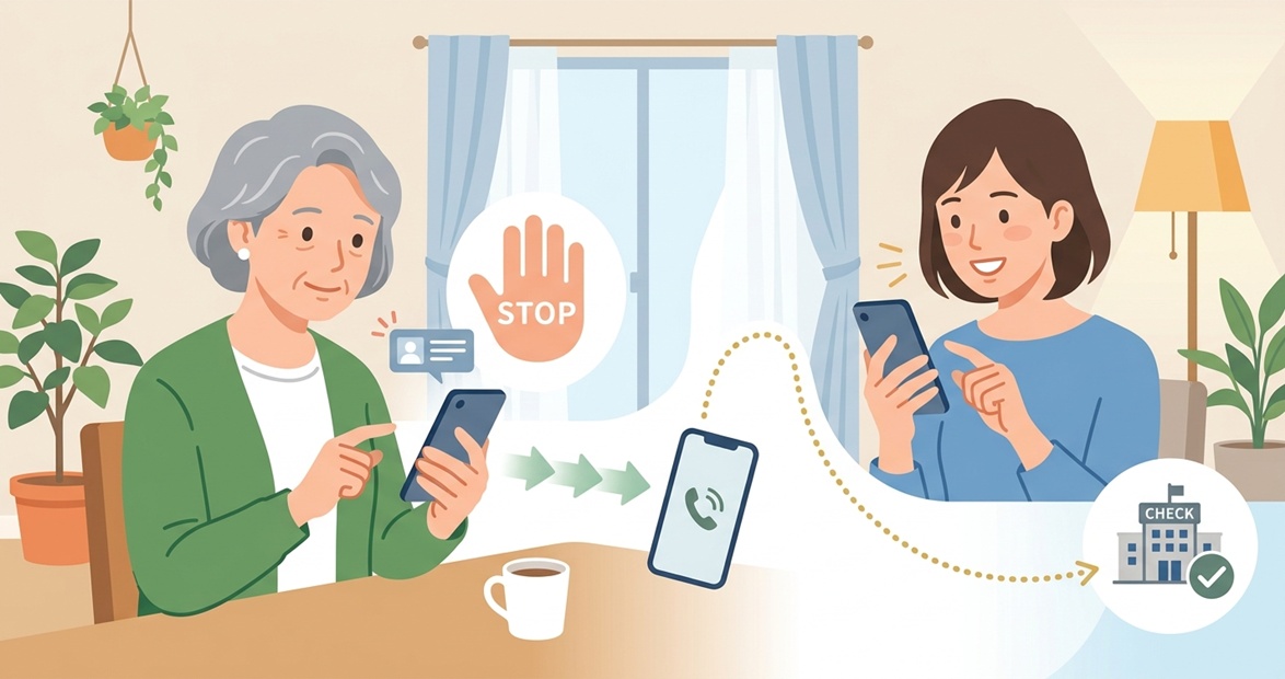 親が怪しい電話やSMSを受けたら操作を止めて家族に相談するイラスト