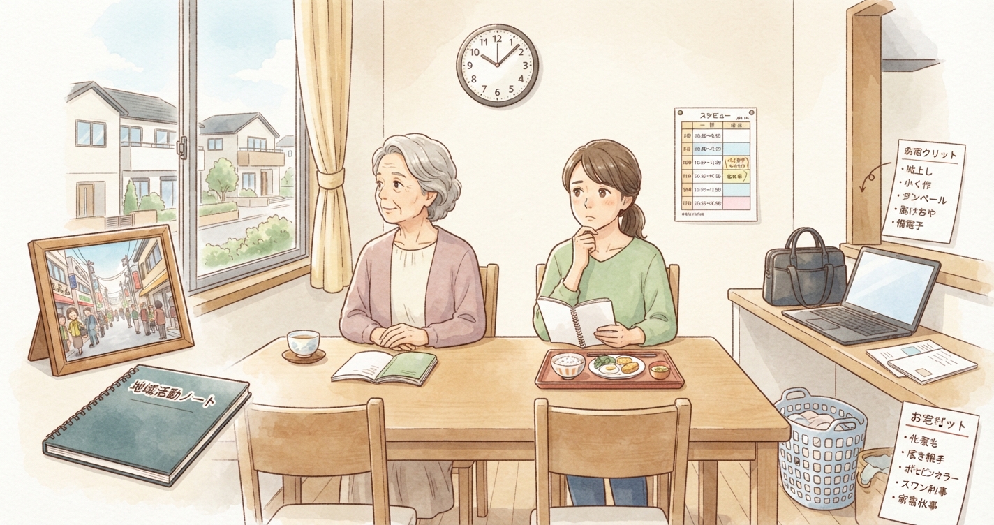 呼び寄せ介護で起こる生活環境・生活スタイル・子世帯への負担という3つの壁を表すイラスト