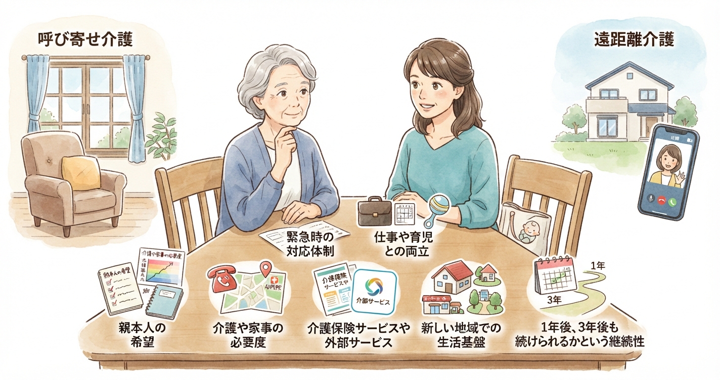 呼び寄せ介護と遠距離介護を親の希望や介護負担など7つの判断軸で考えるイラスト
