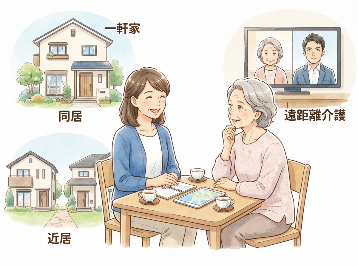 呼び寄せ介護で同居・近居・遠距離介護の選択肢を考える親子のイラスト